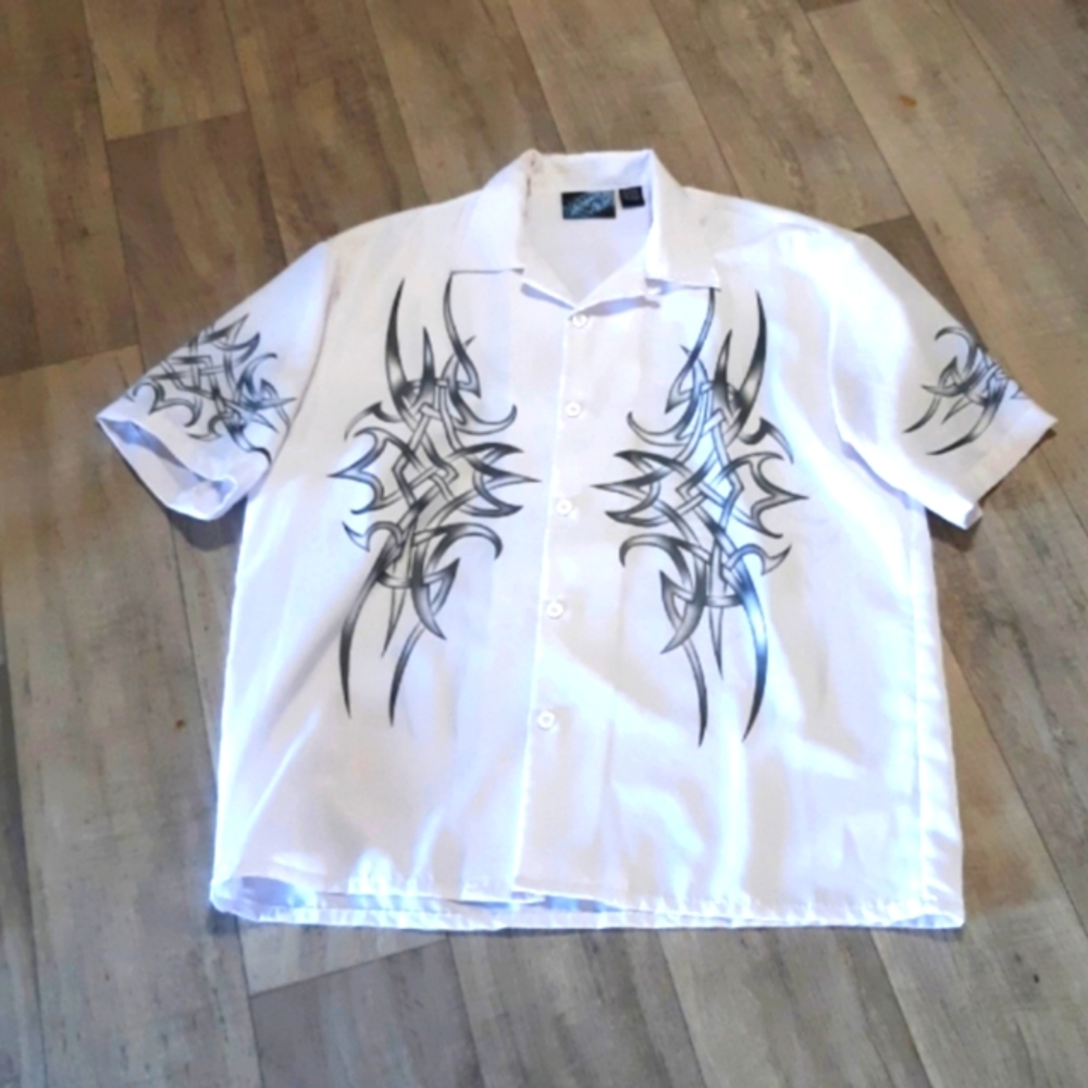 Mens Shirt 2X collared button up print short sleeve Sapphire Lounge white black